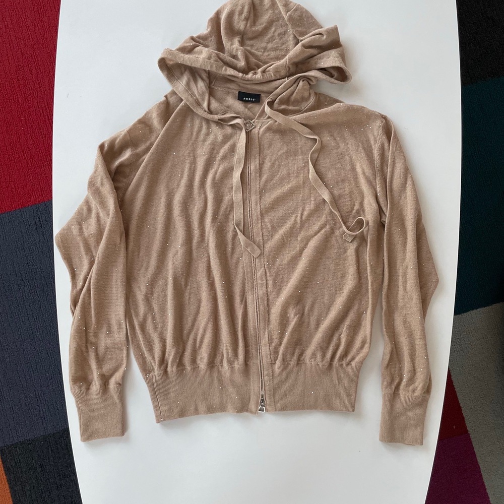 Akris Sweatshirt Womens 8 Beige Hooded Linen Sparkle Italian Yarn Speckled Zip
